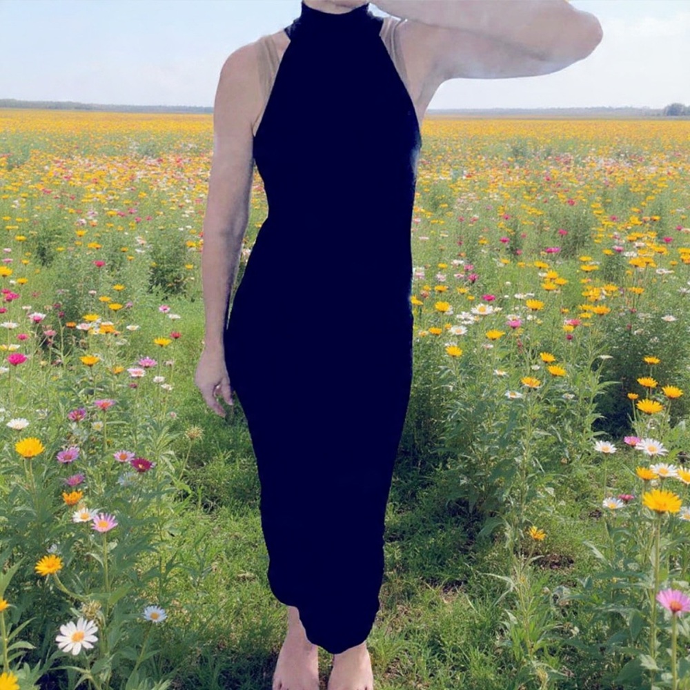 Berta Sport dress ribbed knit sleeveless turtle neck long tube stretch black